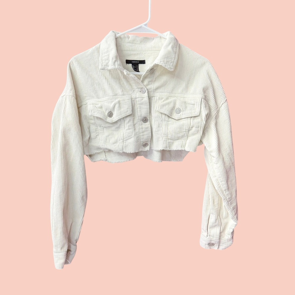 Forever 21 Jacket Women Small Cream Corduroy Cropped Raw Hem Button Up